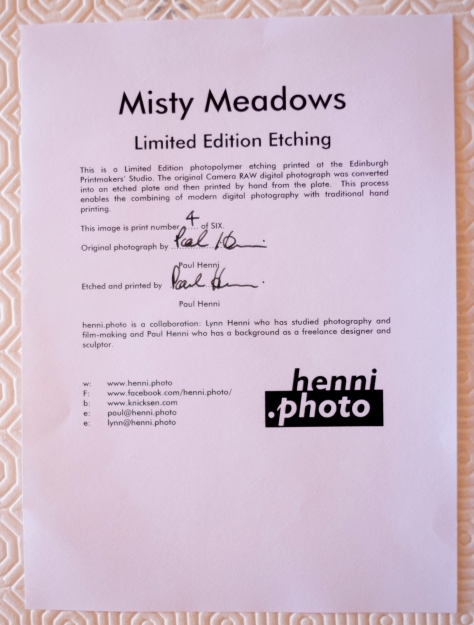 Signed Certificate For Limited Edition Etching Print Misty Meadows. Photo by and copyright of Paul Henni.