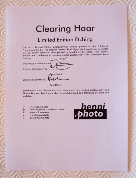 Example Signed Certificate For Limited Edition Etching Print Clearing Haar. Photo by and copyright of Paul Henni.